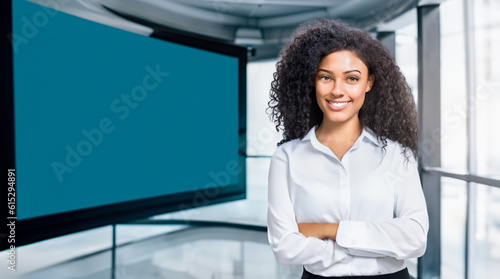 Black Business Woman Executive Introducing a Modern Tech Startup  in front of a TV Banner Introduction Mockup Advertisement Template. AI Generative