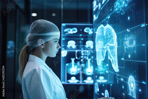 The future of Health in Science and Hospitals Doctor in Lab Coat Monitors Computers Holograms X Ray AI Technology Computers Futuristic Healthcare Generative AI