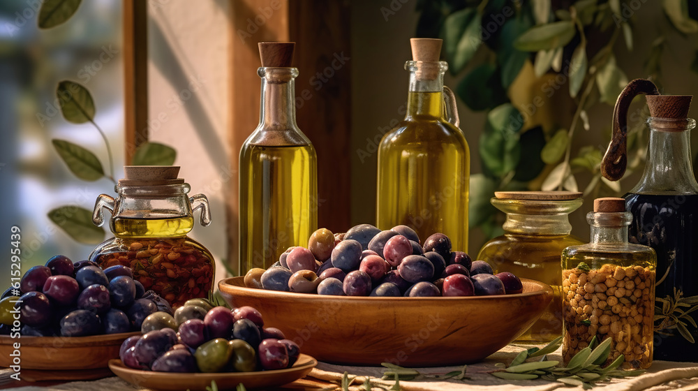 Freshly harvested olives berries in wood bowls and pressed oil in glass bottles. Generative Ai Freshly harvested olives berries in wood bowls and pressed oil in glass bottles. Generative Ai
