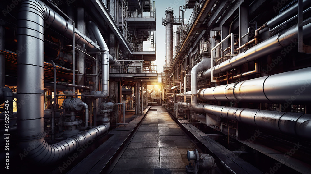 Industrial zone, Steel pipelines, valves, cables and walkways. Generative Ai Industrial zone, Steel pipelines, valves, cables and walkways. Generative Ai