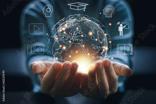 Human hold global technology internet learning and study online class technology network, e-learning, online education, education, training, tutor, video lesson, course, knowledge in homeschool