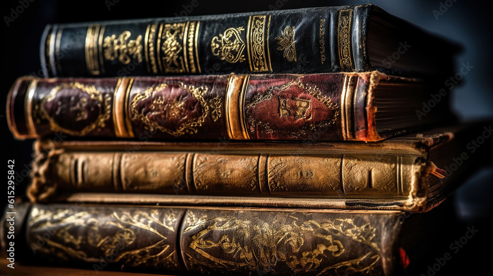 stack of antique leather bound books against a dark background. Generative Ai stack of antique leather bound books against a dark background. Generative Ai