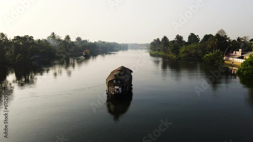 Houseboat Touring On Kerala Backwaters In India. aerial approach