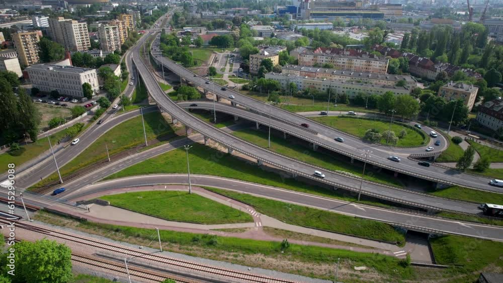 Aerial arc shot of overpass with light traffic flow in Gdansk Aerial arc shot of overpass with light traffic flow in Gdansk
