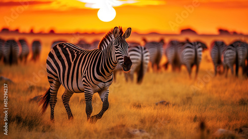 Zebra at sunset in the Serengeti National Park. Generative Ai