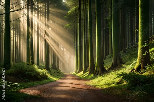 Dense forest with rays of sunlight filtering through the trees © DESIRED_PIC