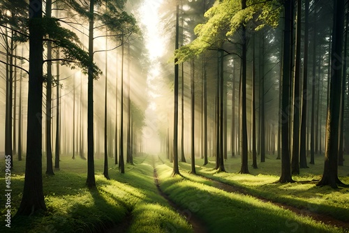 Dense forest with rays of sunlight filtering through the trees