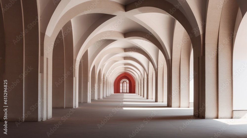 Architectural composition of a long corridor of arches and steps. AI generation 