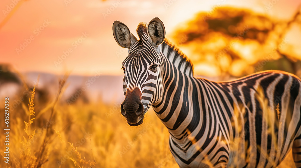Fototapeta premium Zebra at sunset in the Serengeti National Park. Generative Ai