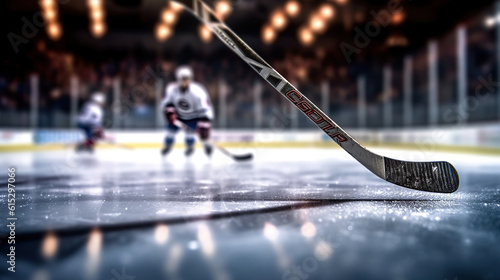 Low angle view of hockey stick and puck on ice with deliberate shallow depth of field on brightly lit stadium background and copy space. Generative Ai