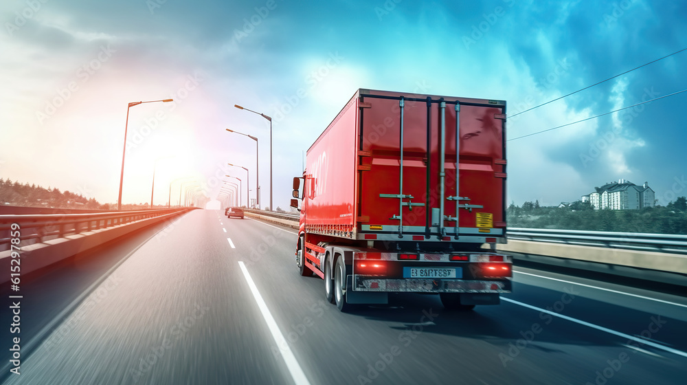 Truck on road with red container, transportation concept. Generative Ai Truck on road with red container, transportation concept. Generative Ai