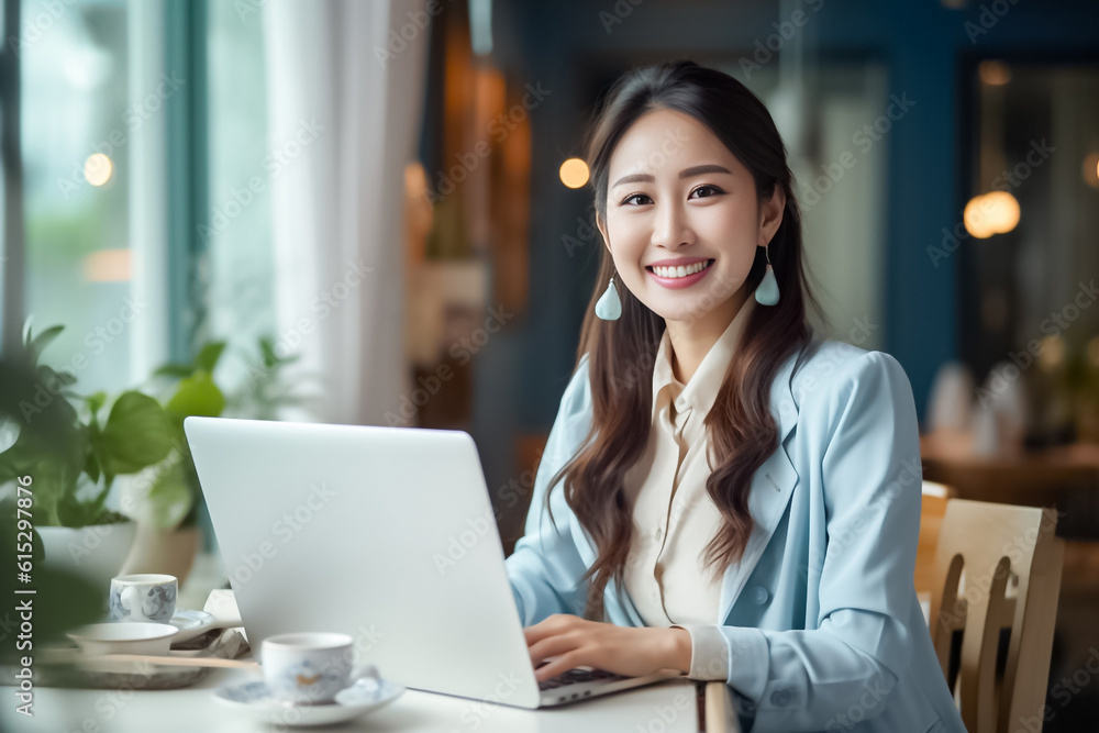 A happy Asian office girl working on her laptop in a cozy cafe, with a blurred background adding to the serene atmosphere. generative Ai. A happy Asian office girl working on her laptop in a cozy cafe, with a blurred background adding to the serene atmosphere. generative Ai.