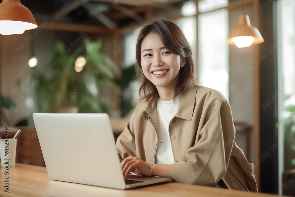 A happy Asian office girl working on her laptop in a cozy cafe, with a blurred background adding to the serene atmosphere. generative Ai. A happy Asian office girl working on her laptop in a cozy cafe, with a blurred background adding to the serene atmosphere. generative Ai.