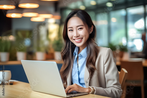 A happy Asian office girl working on her laptop in a cozy cafe, with a blurred background adding to the serene atmosphere. generative Ai.