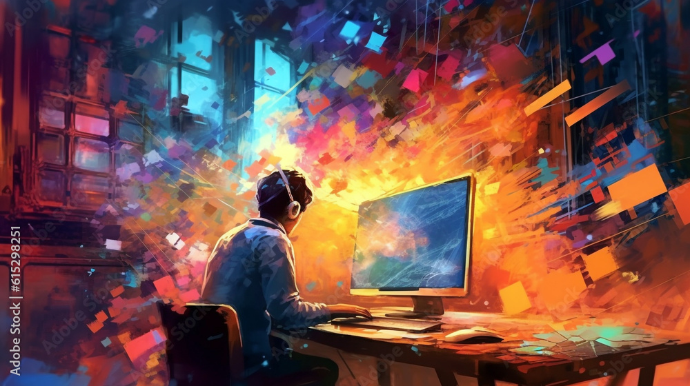 man working on laptop in the city. brainstorming concept image in abstract impressionism style. Generative Ai. 