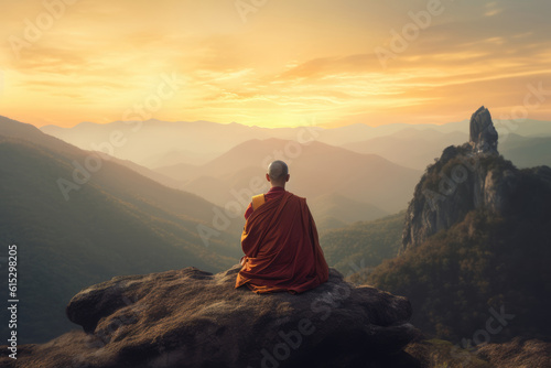 Buddhist monk in meditation at beautiful sunset or sunrise background on high mountain.generative ai