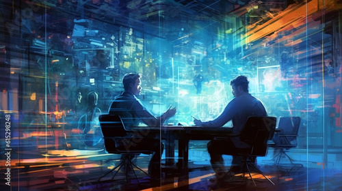 two men at a table against blue lighting. brainstorming concept image in abstract impressionism style. Generative Ai. 