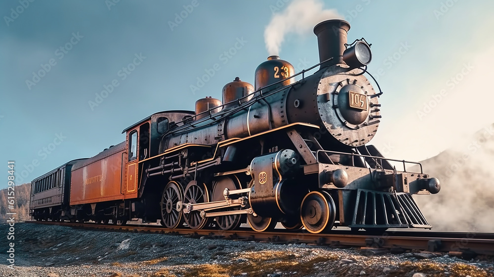 Naklejka premium vintage locomotive steam engine with copy space. Generative Ai
