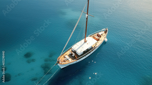 Luxury, vintage speed boat in mediterranian sea. Anchorage, sea vacation, travel © PaulShlykov