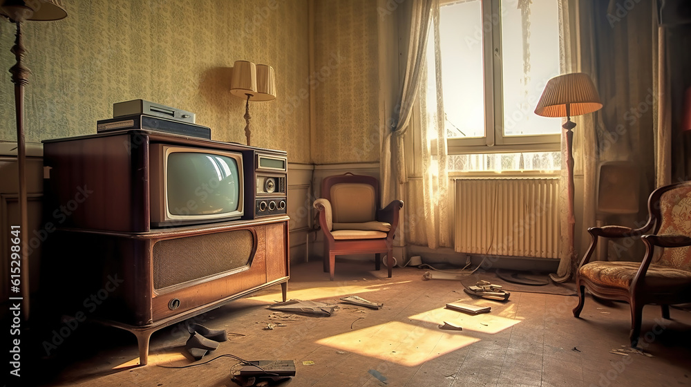 Retro living room design with old television, cabinet and radio