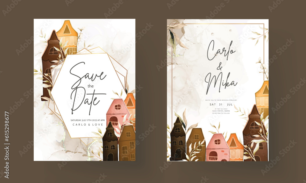 invitation card template with hand drawn vintage house and leaves