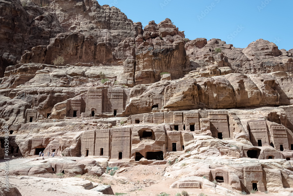 View of the magnificent ruins of ancient Petra at Wadi Mousa, the Valley of Moses, in southwestern Jordan.