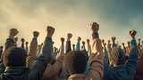 Arms raised in protest. Group of protestors fists raised up in the air. Generative Ai