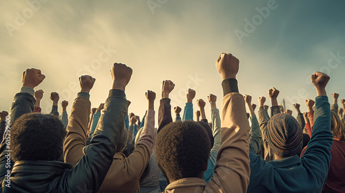 Arms raised in protest. Group of protestors fists raised up in the air. Generative Ai