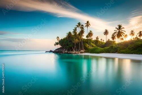 Pristine beach with crystal-clear turquoise water and palm trees © DESIRED_PIC