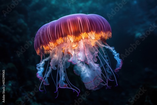 A lone jellyfish drifts serenely through sea, translucent body glow upon surrounding waters © Postproduction