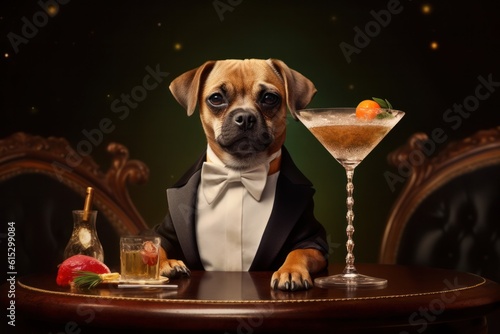 An adorable, tipsy pup enjoying a fancy cocktail party, with a martini glass in its paw © Postproduction