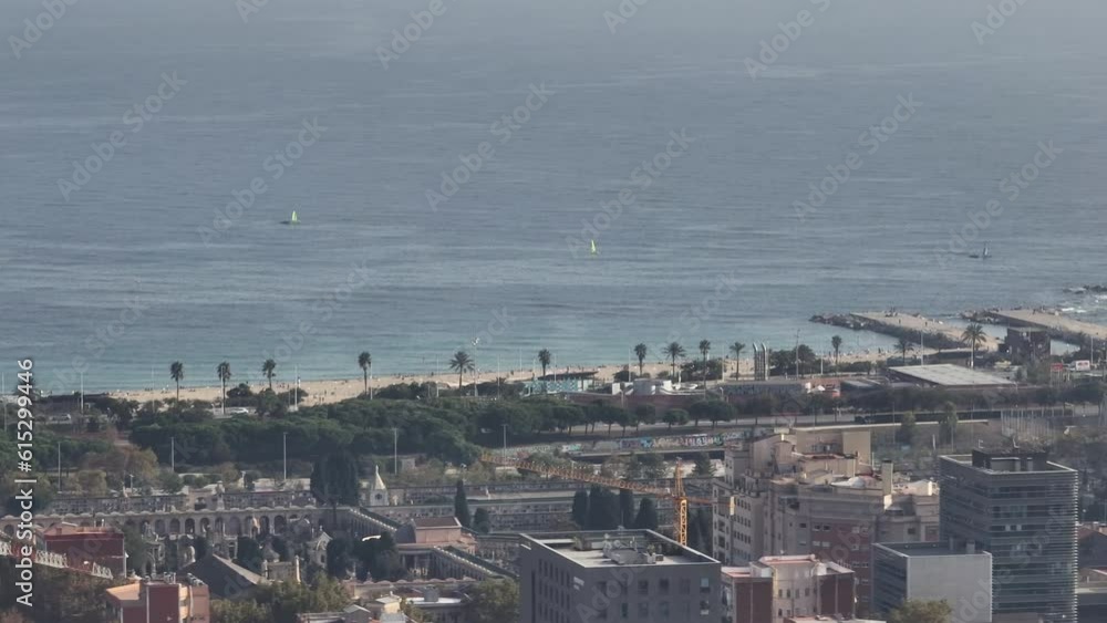 evening time barcelona city public beach traffic bay aerial panorama 4k spain evening time barcelona city public beach traffic bay aerial panorama 4k spain