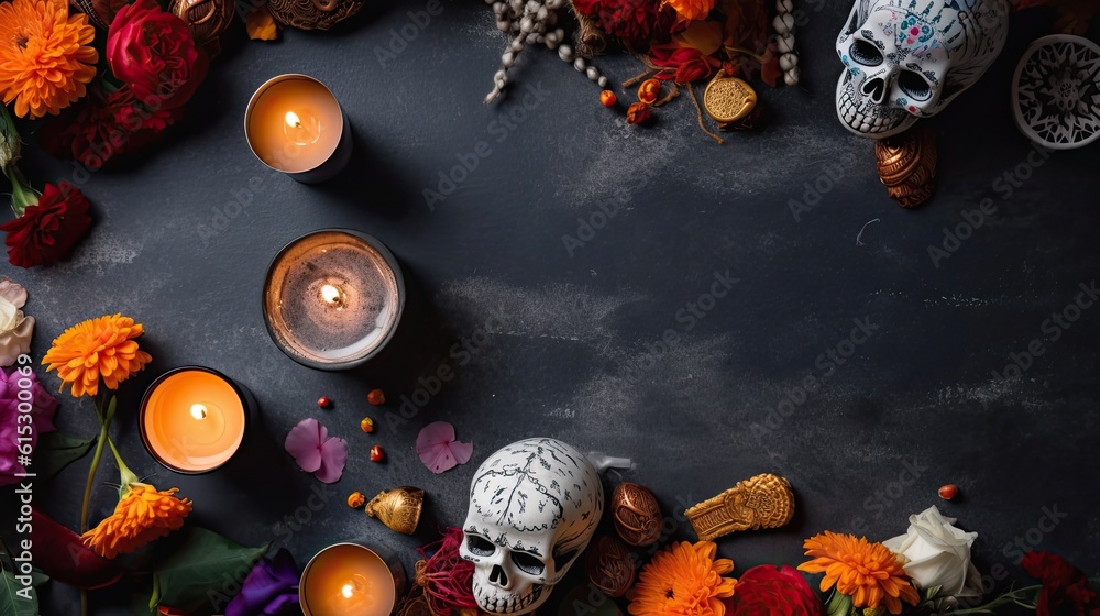Day of the Dead banner concept design of candles and flowers on spooky background