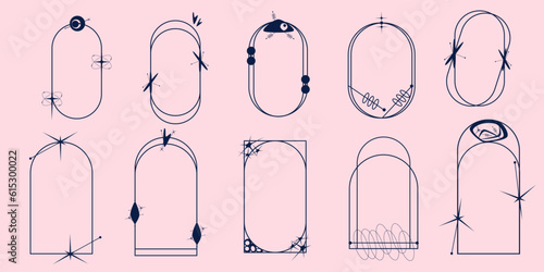 Aesthetic Frame minimal element set. Y2k graphic shape with star and line. Aesthetic vecor illustration. Geometric arch for modern design. Mid Centure style