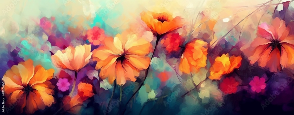 An illustration of colorful flowers as a panorama background. Created with Generative AI technology