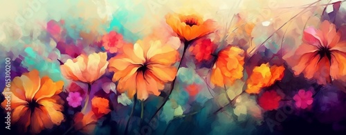 An illustration of colorful flowers as a panorama background. Created with Generative AI technology