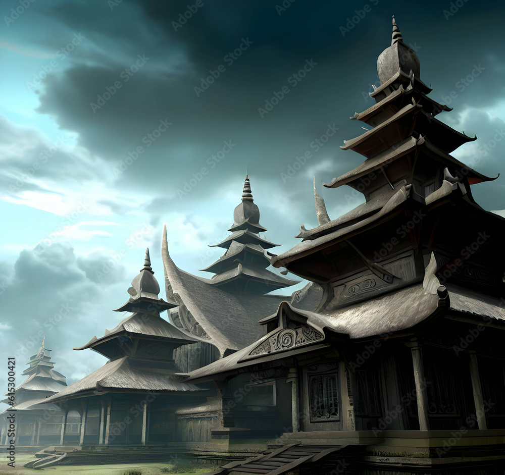 Fototapeta premium illustration of the kingdom of sriwijaya, the main building of the kingdom, the citizens of the kingdom