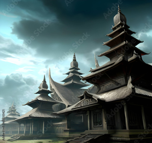 illustration of the kingdom of sriwijaya, the main building of the kingdom, the citizens of the kingdom