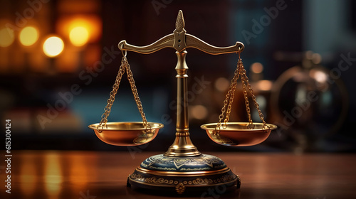 Retro law scales on table. Symbol of justice. Vintage style. Generative Ai