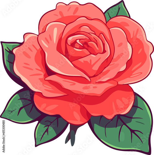 red rose with green leaf, cartoon illustration