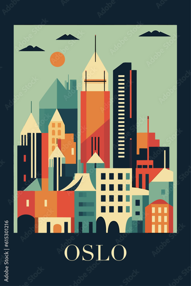 Norway Oslo retro city poster with abstract shapes of landmarks, buildings and monuments. Vintage skyscraper vector illustration
