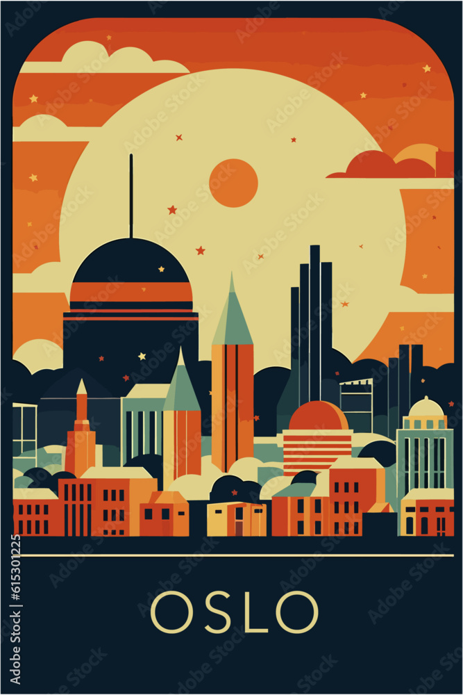 Norway Oslo retro city poster with abstract shapes of landmarks, buildings and monuments. Vintage sunset sunrise capital panorama vector illustration
