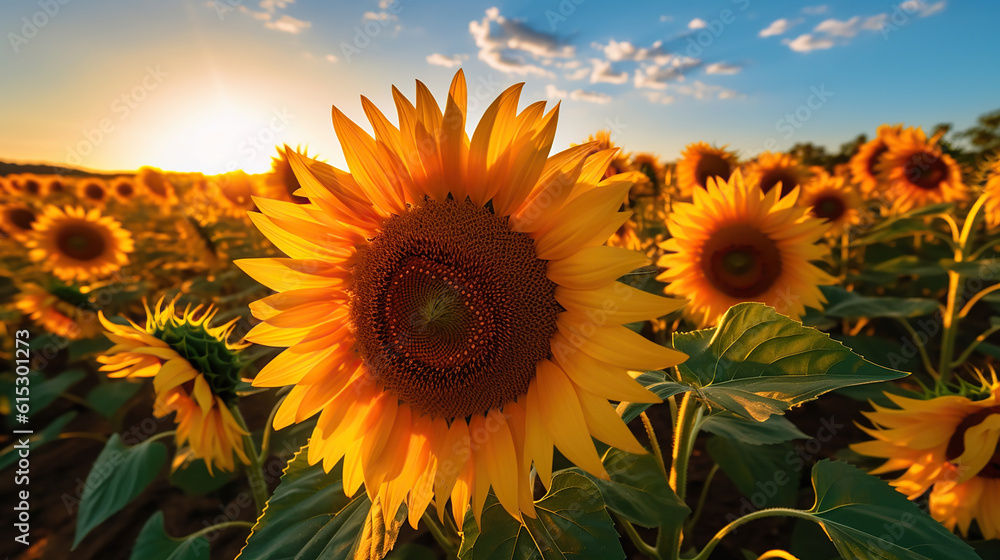 field of sunflowers and sun. Generative Ai