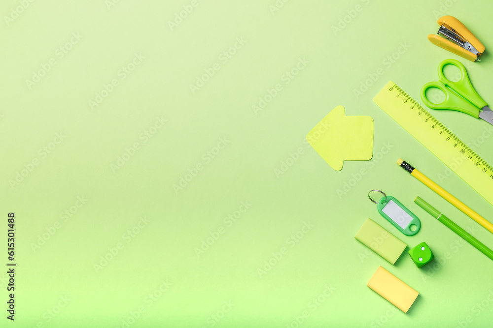 Yellow and green stationery on a bright background. Back to school.