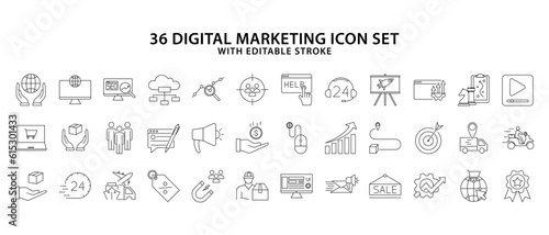 Digital marketing icon set. Set of 36 digital marketing line icon. Digital marketing line icon. Vector illustration. Editable stroke.