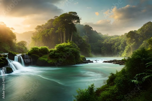 Tropical rainforest with a cascading waterfall in the background