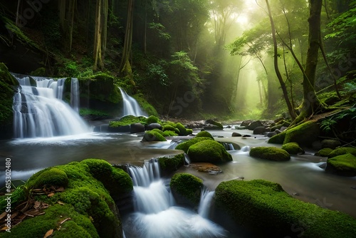 Tropical rainforest with a cascading waterfall in the background