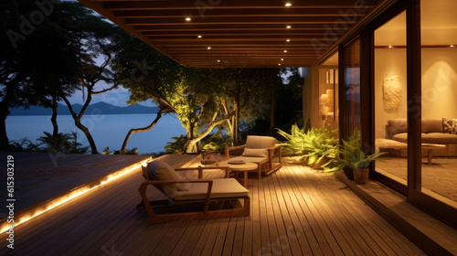 House patio with amazing beach view. Generative AI © piai
