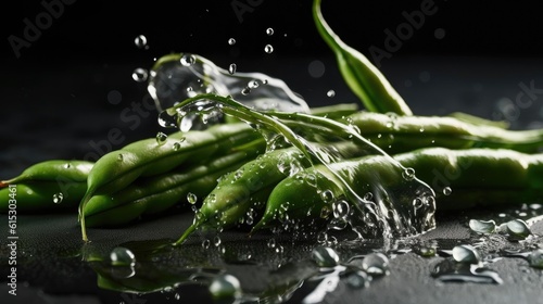 French Beans hit by splashes of water with black background