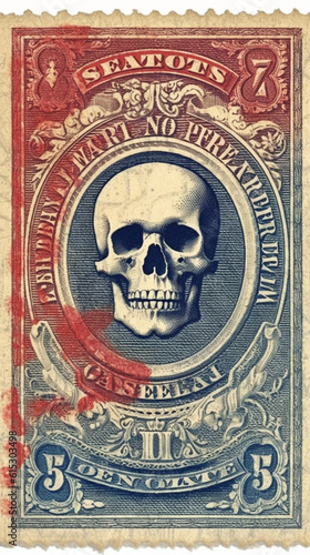 Generative AI The reverse side of an old postage stamp with the image of a skull.